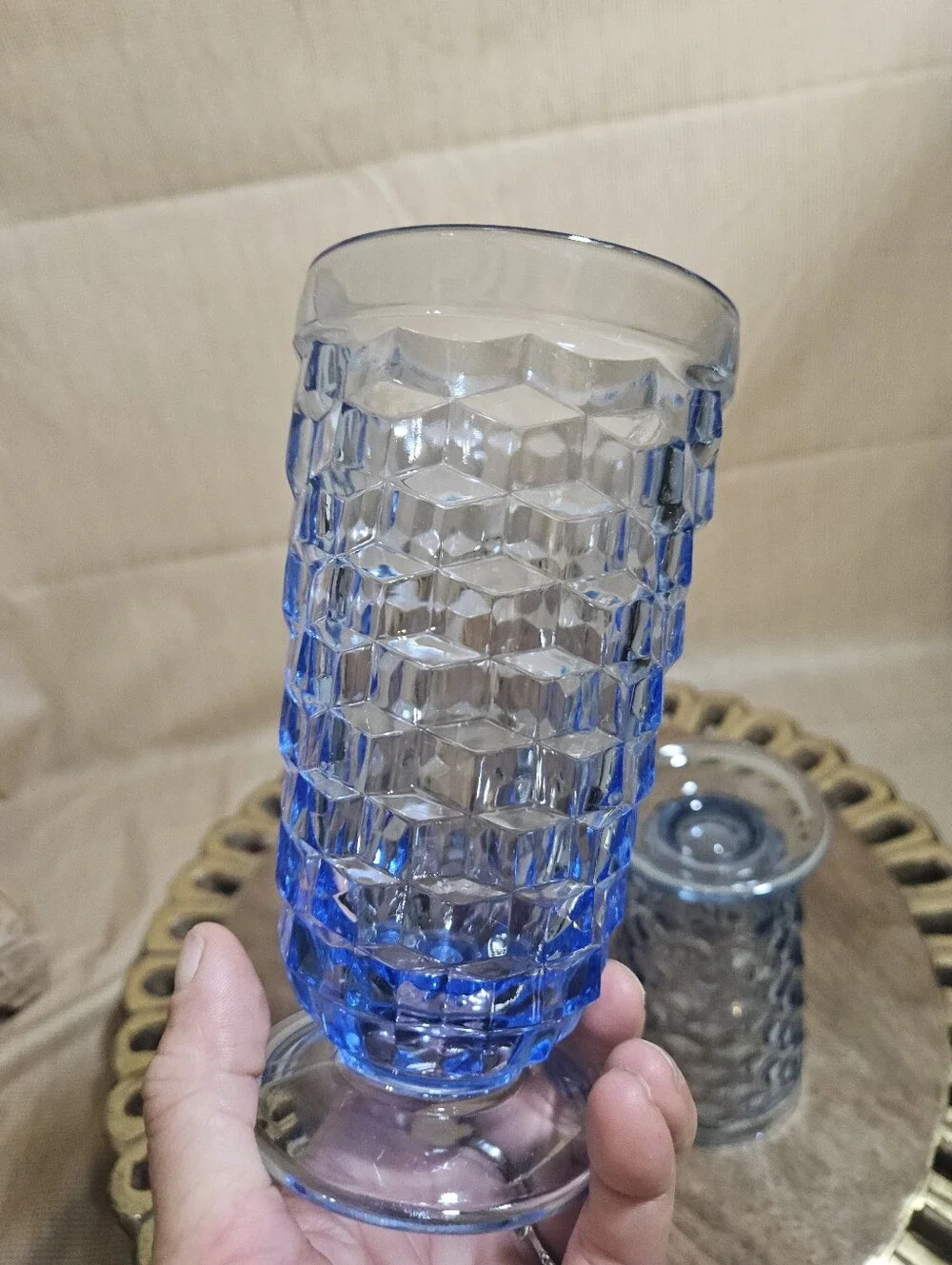 Vintage Indiana Colony Whitehall Light Blue Cubist Footed Ice Tea Glasses Set 2